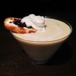 Veloute with cumin chantilly and mozzarella, olive, and sundried tomato toast